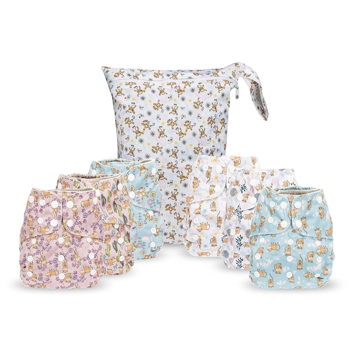 Simple Being Reusable Cloth Diapers, Double Gusset, One Size Adjustable, Washable Soft Absorbent, Waterproof Cover, Eco-Friendly Unisex Baby Girl Boy, six 4-Layers Microfiber Inserts (Monkey)