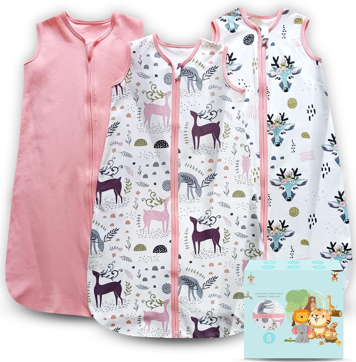 Cute Castle Baby Sleep Sack 0-6 Months – Lightweight 100% Cotton 2-Way Zipper TOG 0.5 Infant Wearable Blanket, Newborn Essentials Toddler Sleep Clothes (3 Pack Pink)