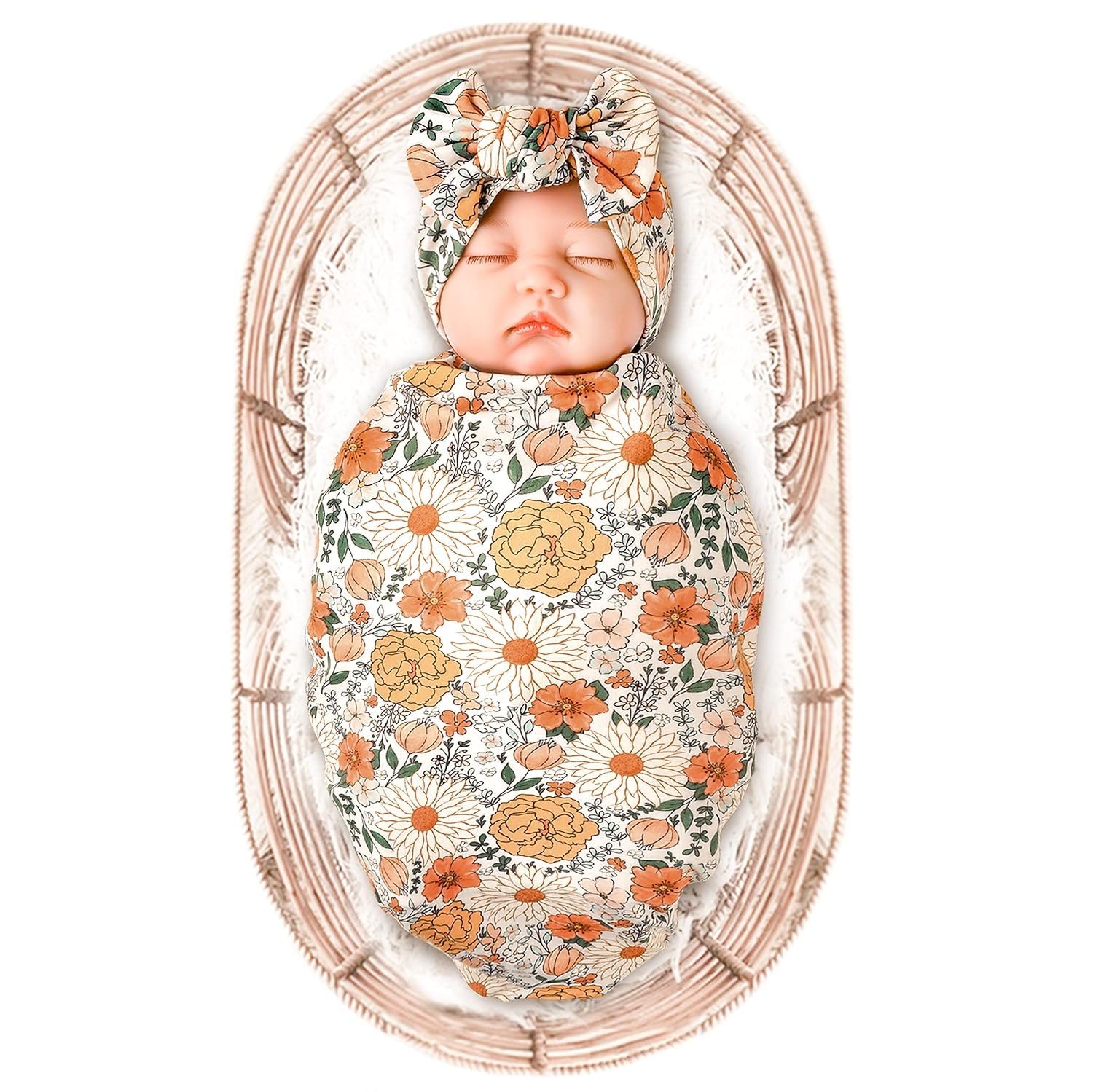 Konssy Baby Girl Newborn Receiving Blanket with Headband Set Baby Swaddle Nursery Swaddle Wrap