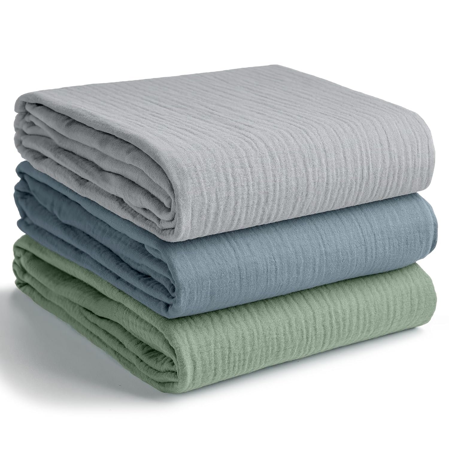 Comfy Cubs Muslin Swaddle Blankets Pack of 3, 42 x 42 Inch Soft 100% Cotton Baby Blanket Set, Large Wraps for Newborns – Self-Soothing Swaddles for Newborns – Heather Blue, Pacific Blue, Fern