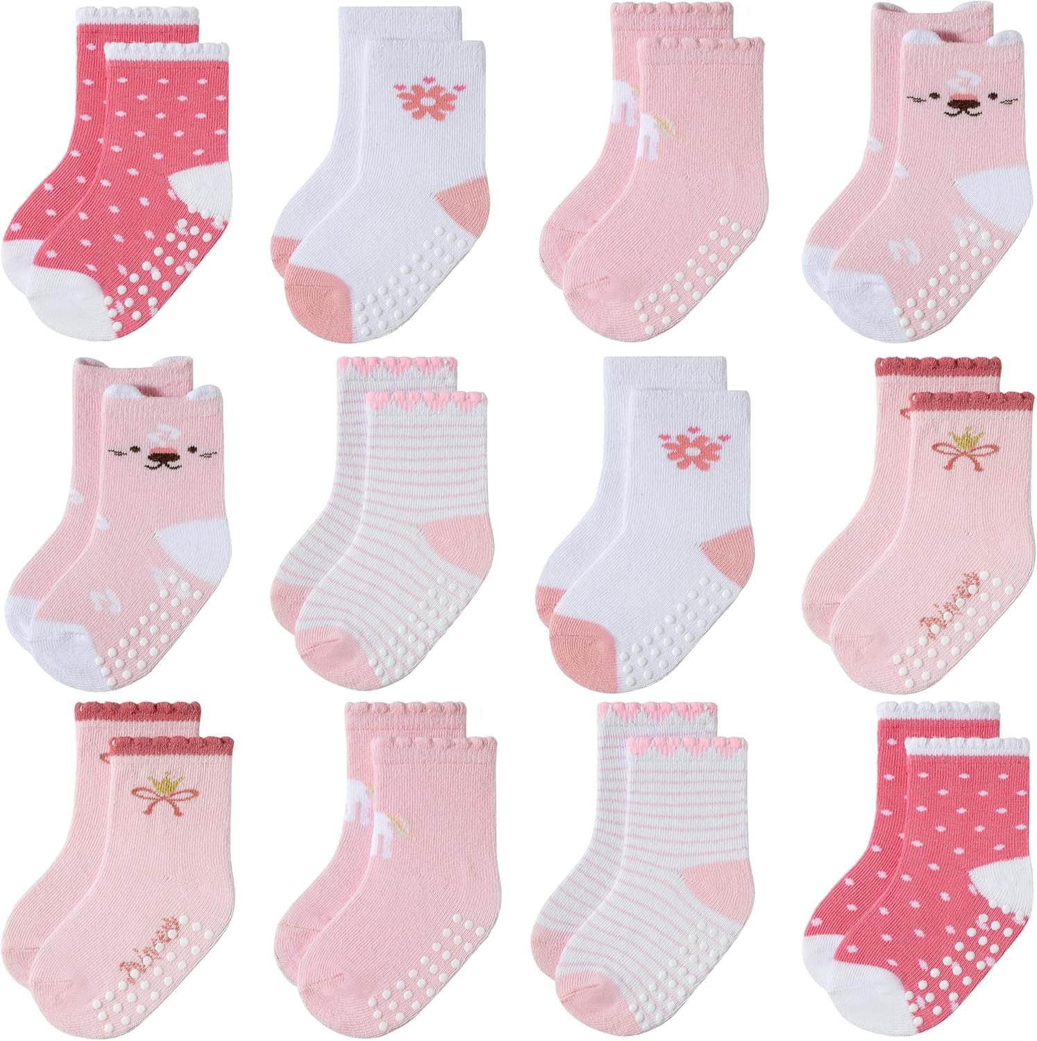 JAKIDAR Baby Non-Slip Socks, 12 Pairs Toddler Grips Socks for Boys Girls, Anti-Slip Walking Safety Indoor Play Socks for Gift