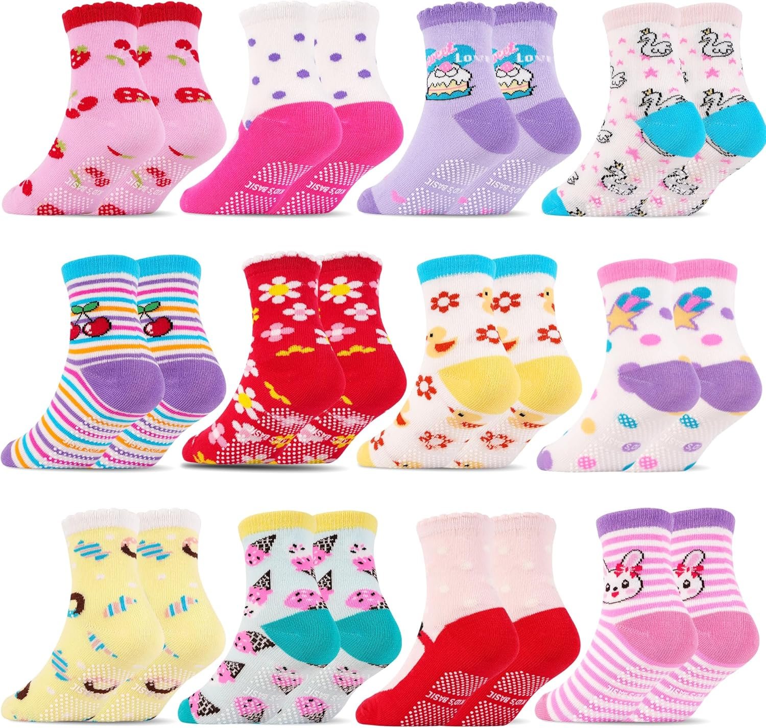 SkiBeaut Toddlers Kids Non Slip Socks Grips Sticky Slippery Crew Socks for 1-7 Years Old 12 Pairs Children Boys Girls Socks