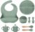 Silicone Baby Feeding Set 9 Pcs, Spill-Proof Suction Plate, Bowl, Bib, Silicone spoon&forks, Wooden Spoons&forks, Training cup with straw and Sippy Cup, Baby Eating Utensils (Green)
