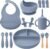 LITTLE RAWR Silicone Baby Feeding Set 14 Pcs,Baby Led Weaning Supplies, Baby Spoons Suction Bowl Divided Plate Bib Cup Finger Brush,First Stage Solid Food Eating Utensils – 6+ Months(Blue Gray)