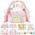 7-in-1 XL Large Baby Play Gym Mat, Tummy Time Mat, Baby Gym & Ball Pit, Baby Activity Mat with Milestone Cards & 6 Detachable Toys for Sensory Motor Skill, Rainbow