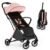 HONEY JOY Lightweight Baby Stroller, Compact Travel Stroller for Airplane, Fits Airplane Cabin & Overhead, One-Hand Gravity Fold, Self-Standing Toddler Stroller w/Adjustable Backrest/Canopy(Pink)