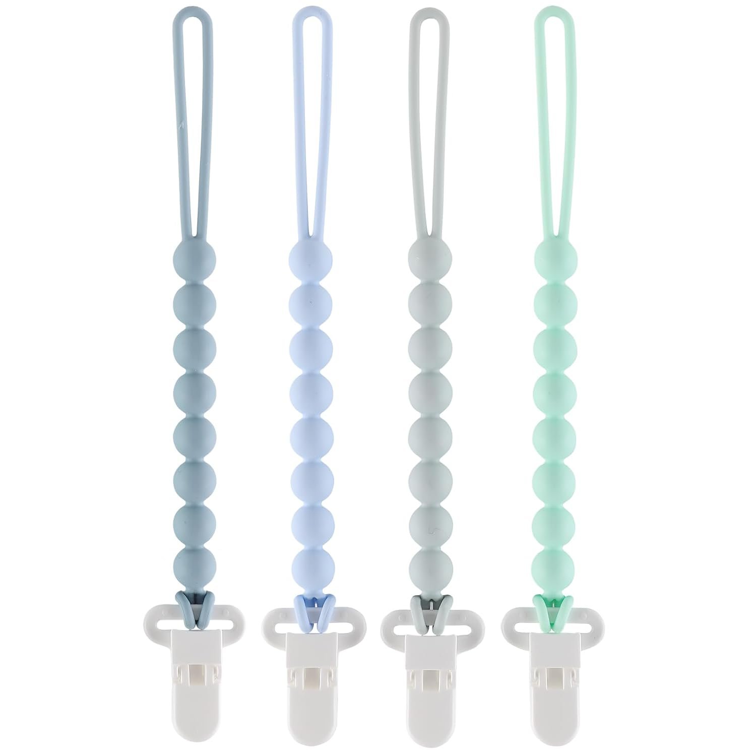 4-Pack Silicone Pacifier Clips with One-Piece Beads for Baby Boys and Girls – Flexible and Rust-Free Holders for Teething Relief and Baby Essentials, Safe for Newborns (Blue)