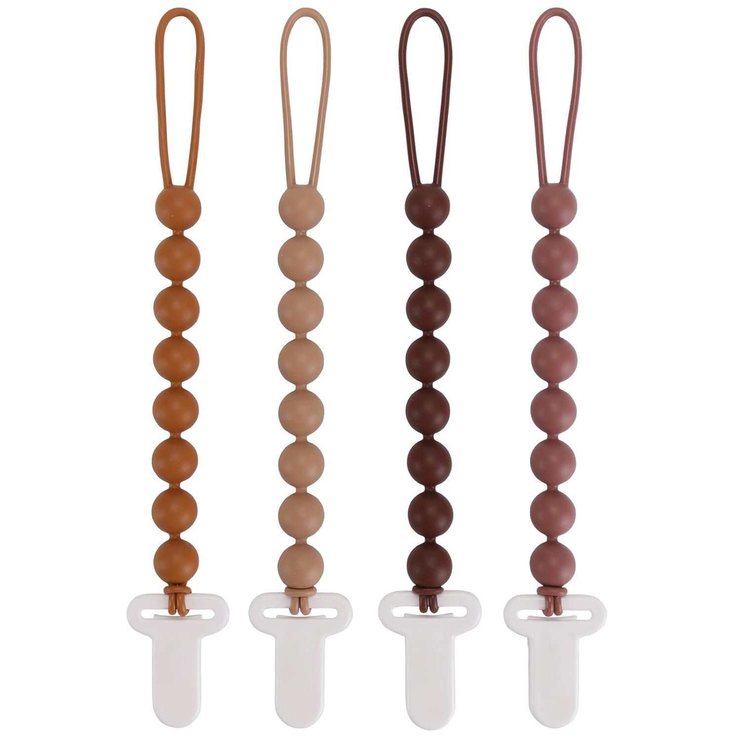 4-Pack Silicone Pacifier Clips with One-Piece Beads for Baby Boys and Girls – Flexible and Rust-Free Holders for Teething Relief and Baby Essentials, Safe for Newborns (Brown)