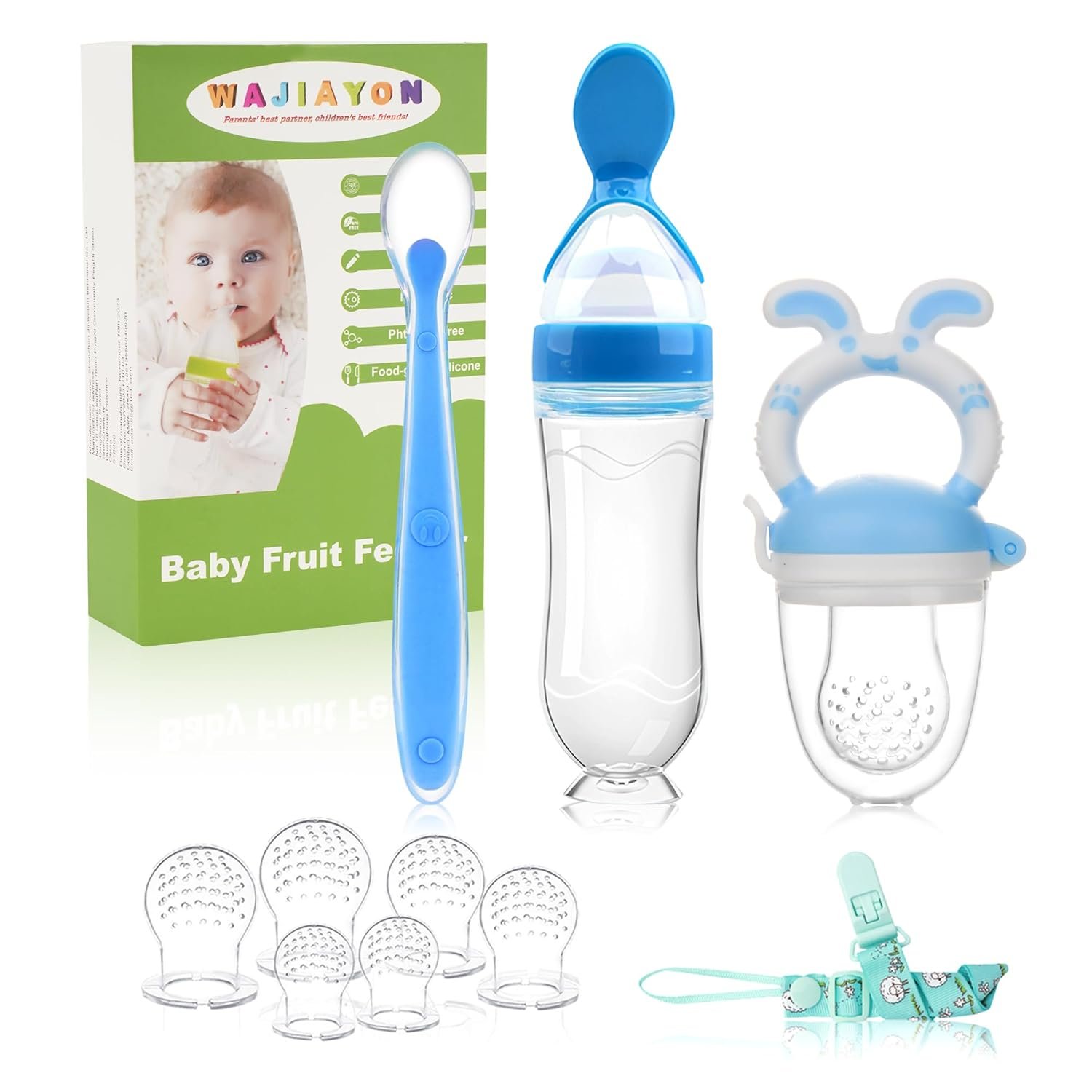 Baby Fruit Feeder Pacifier- 3 Pack | Infant Food Feeder Pacifier & Baby Food Dispensing Spoon | Mesh Fresh Fruit Teethers for Babies | Shower Gifts for Boys and Girls (Sky Blue)