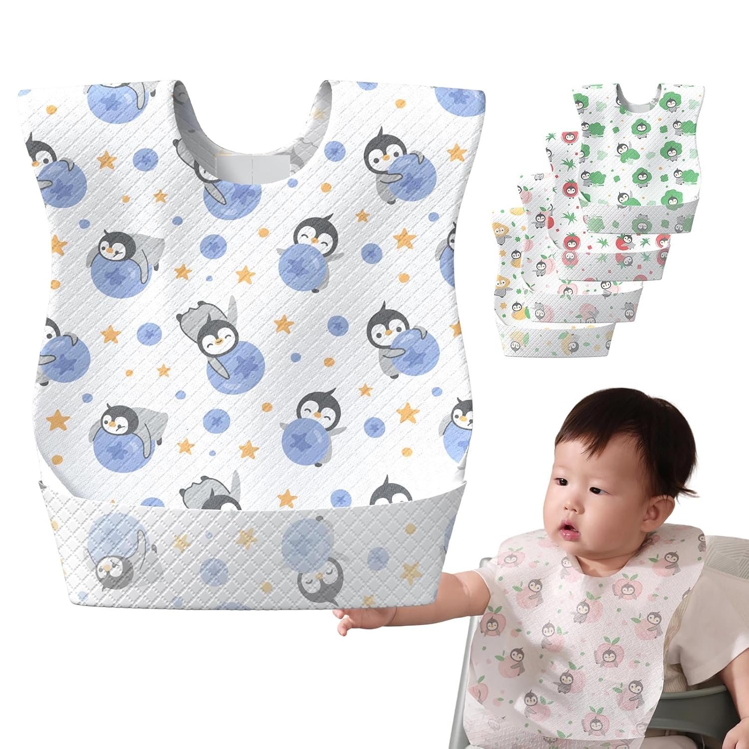 Disposable Feeding Bibs, 24 Individual Pack for Baby & Kids -Adjustable Adhesive Tabs, 13.78’’x 9.45’’ Toddler Bibs for Eating (【24pcs】 Oliver & Tomato)