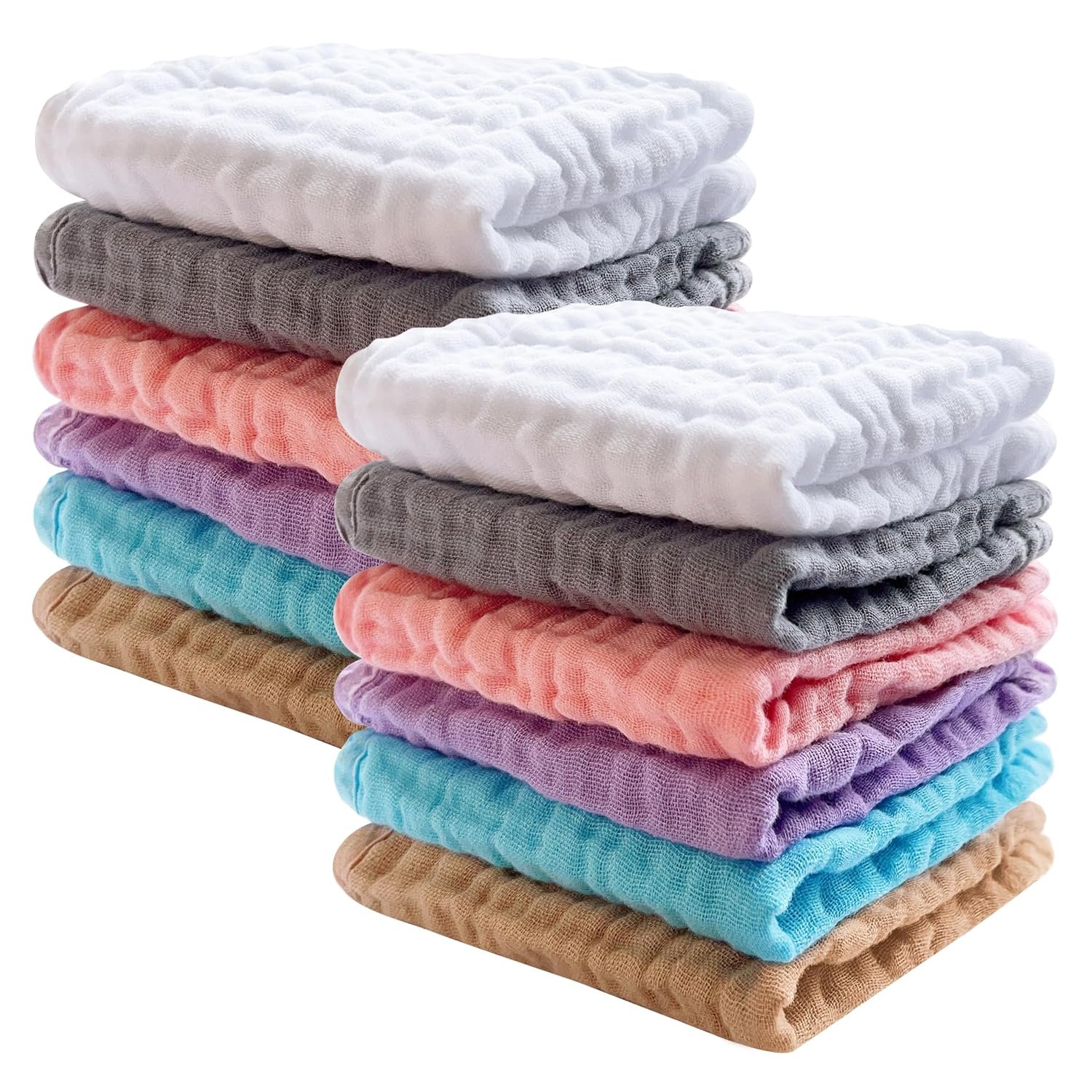 SWEET DOLPHIN 12 Pack Baby Muslin Washcloths – Soft Face Cloths for Newborn, Absorbent Bath Wash Cloths, Wipes, Burp Rag – Toddlers Essentials Stuff, Baby Registry as Shower -10″x10″, Multicolor