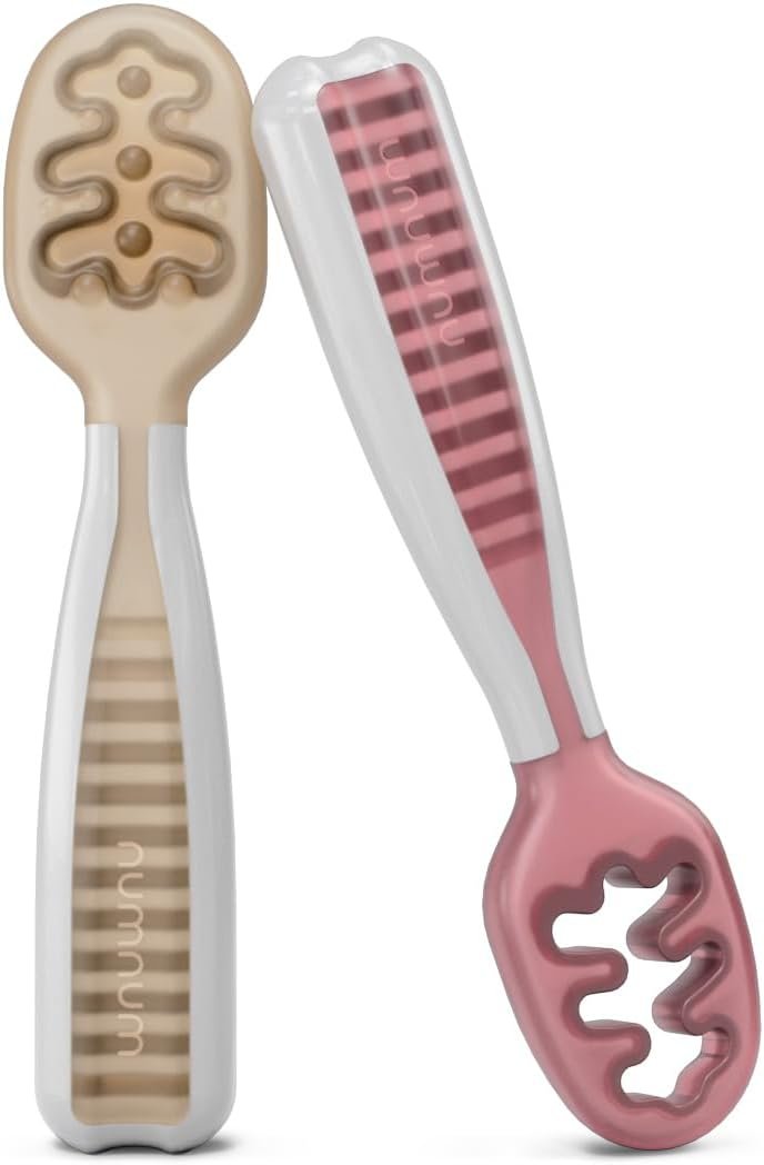 NumNum Baby Spoons Set, Baby Essentials Pre-Spoon GOOtensils for 6+ Months, First Stage Self-Feeding Spoons for Baby Led Weaning (BLW), Silicone Toddler Utensils, BPA-Free, 2 Pack Beige/Mauve