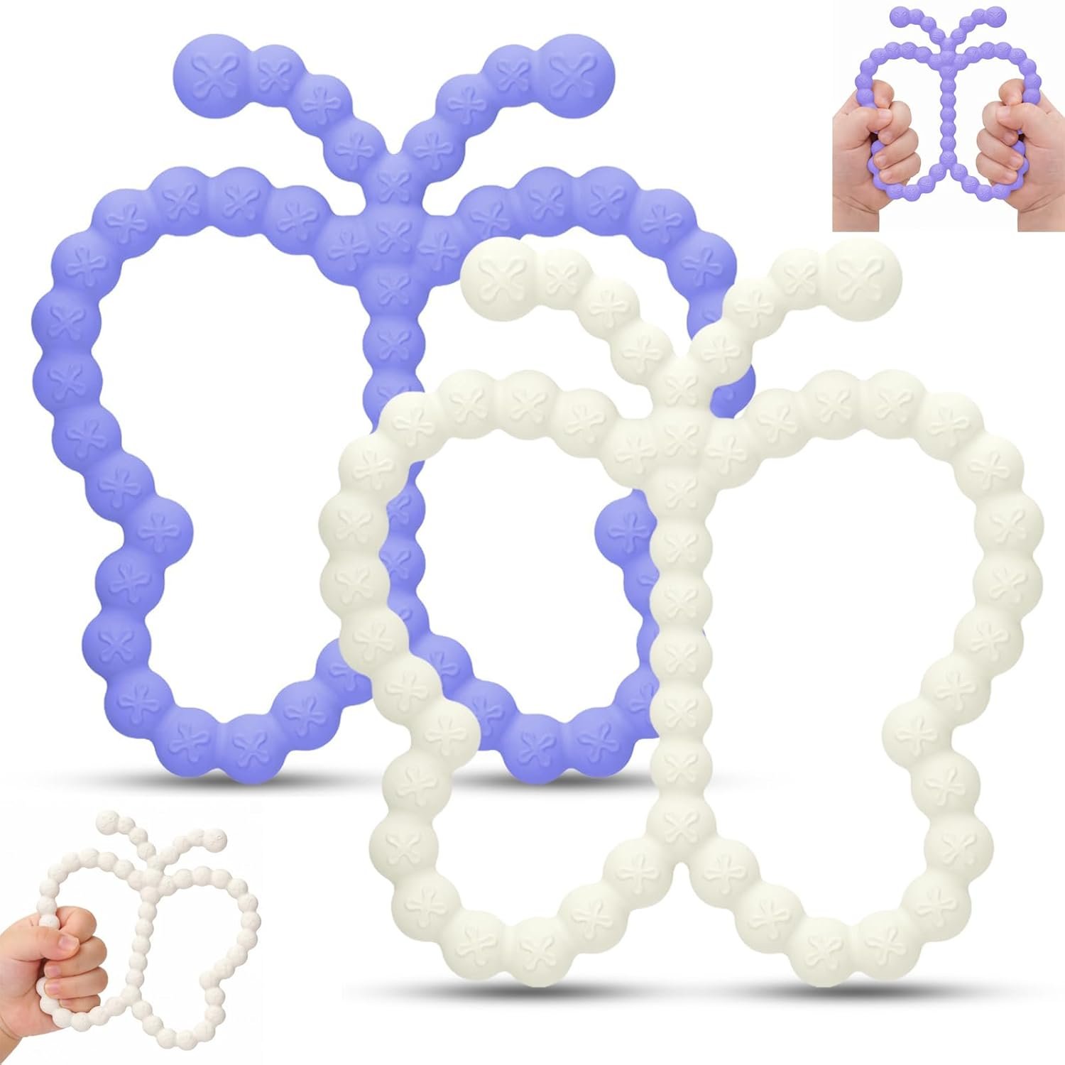 2 Pcs Baby Teething Toys Silicone Butterfly Teething Rings Over 3 Months – Baby Essentials Sensory Chew Toys -Baby Teether for Teething Relief -BPA Free Infant Toys Baby Shower Gifts (2, White,Purple)