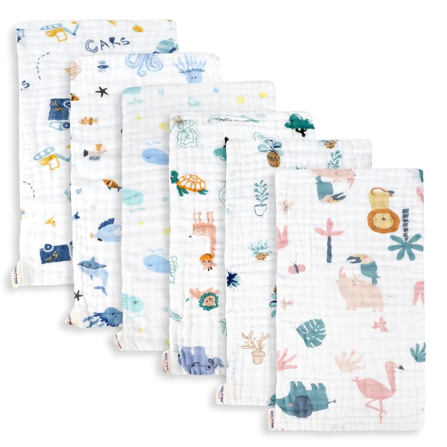 Maliton Muslin Baby Burp Cloths 6 Pack Large 20”x10” 100% Cotton Burp Rags Absorbent and Soft 6 Layers Muslin Cloth Baby Essentials for Newborn(Zoo Pattern, Pack of 6)
