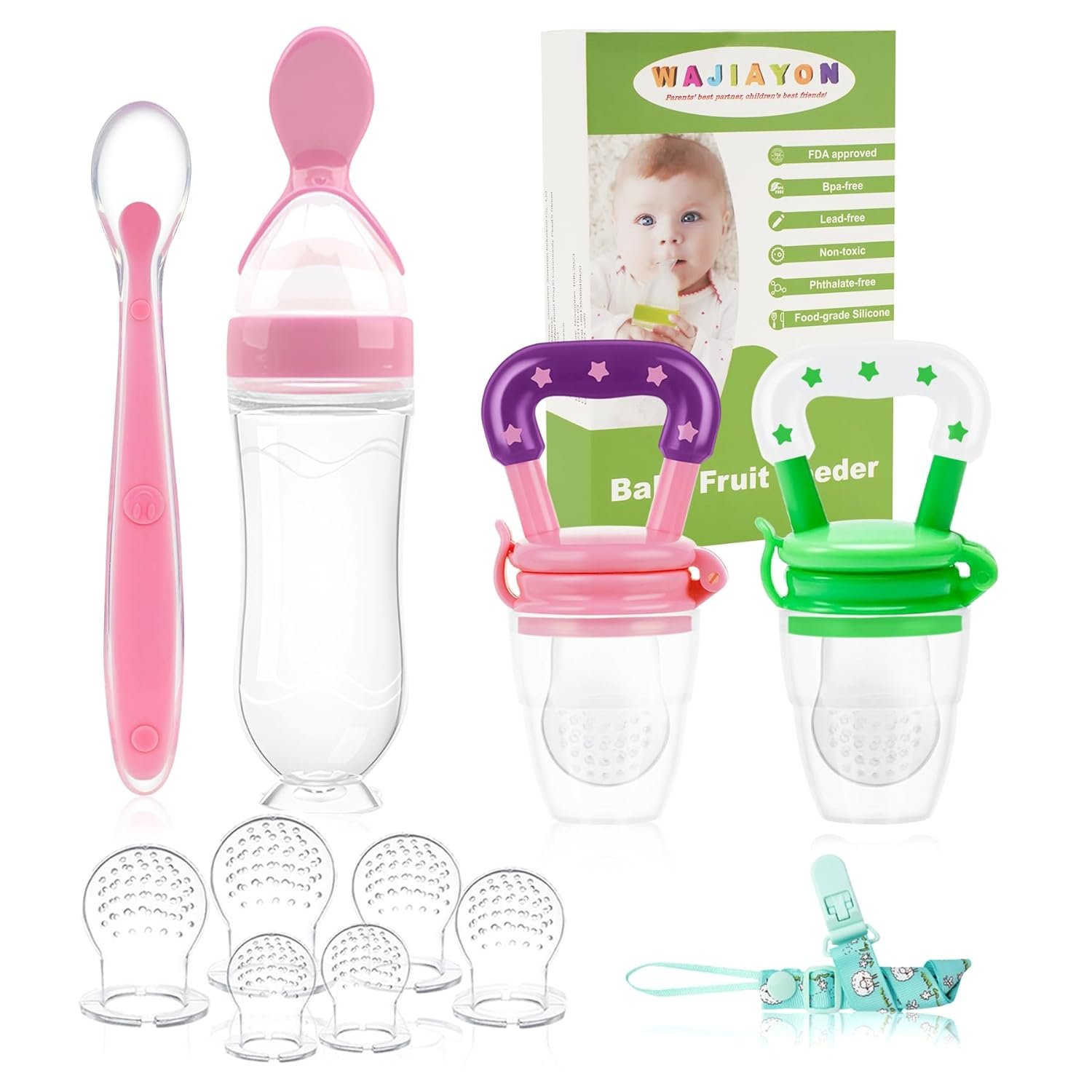 Baby Fruit Feeder Pacifier – 5 Pack | 2 Mesh Infant Food Feeder Pacifier & 1 Baby Food Dispensing Spoon | Fresh Fruit Teethers for Babies |Shower Gifts for Boys and Girls (Pink & Green)