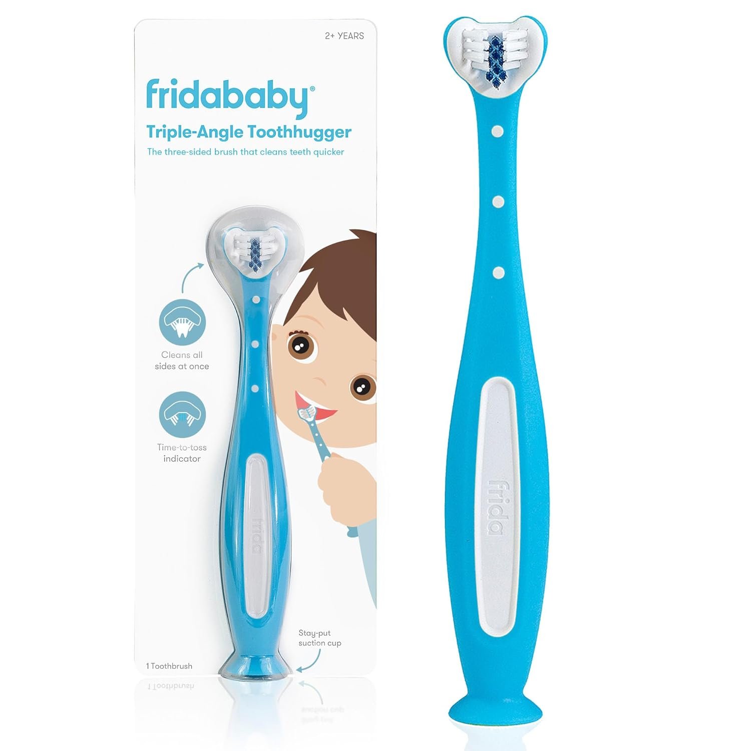 Frida Baby Triple-Angle Toothhugger Training Toddler Toothbrush | Toddler Toothbrush 2 Years and Up, Cleans All Sides at Once | Blue
