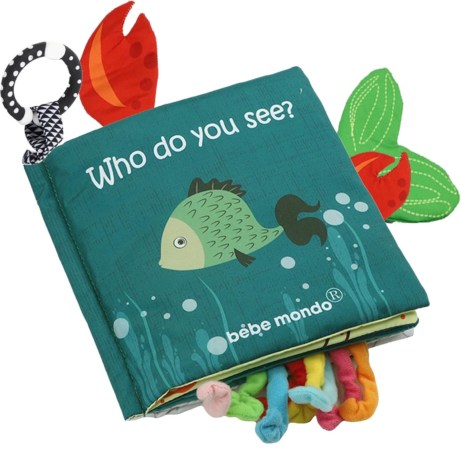 Fish Baby Book, Crinkle Books for Babies, Touch & Feel Soft Books, Infant Baby Toys 0-3 0-6 6-12 Months, Sensory Mirror Toy,Teether Ring, Baby Shower, Baby Basket Stuffers,Gifts for Boys Girls -Green