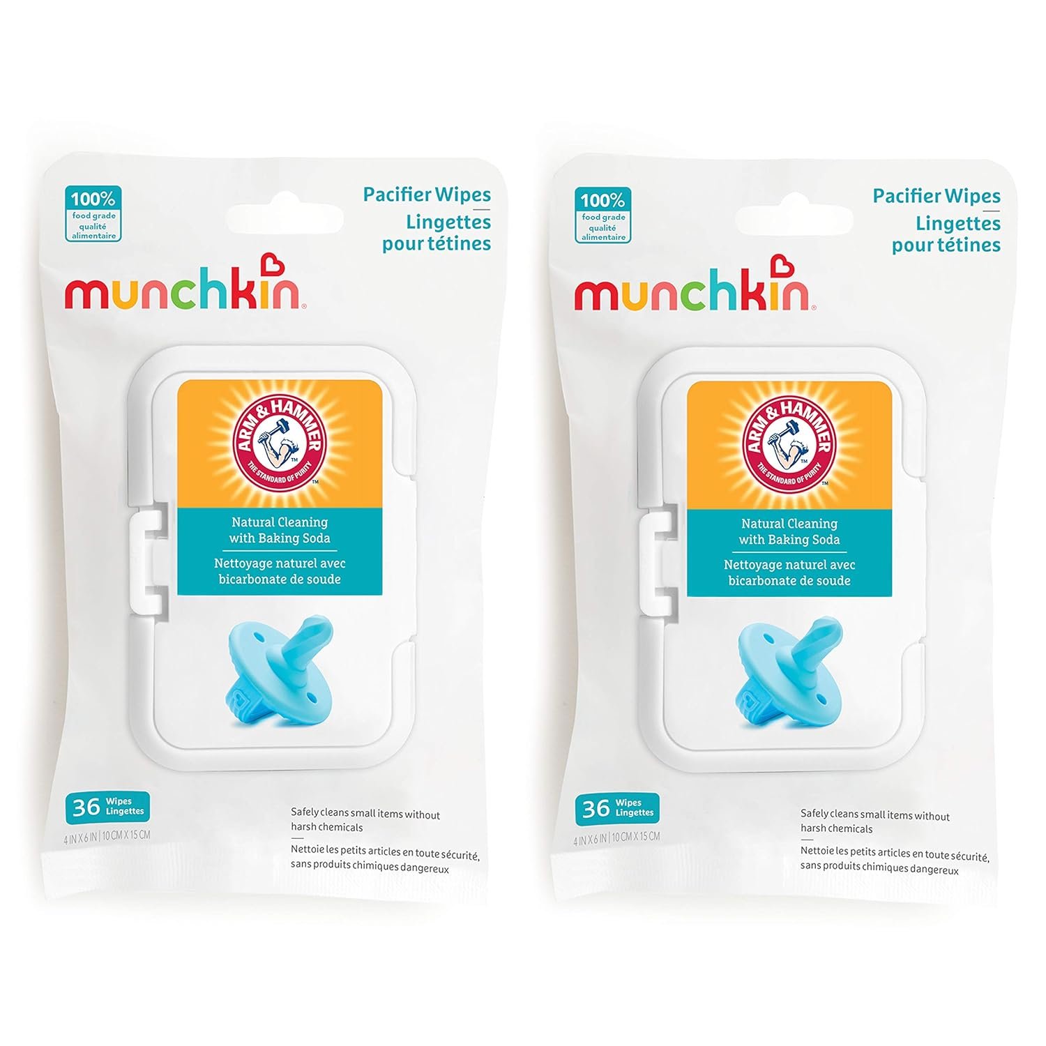 Munchkin Arm & Hammer Pacifier Wipes – Safely Cleans Breast Pump Parts and Feeding Essentials for Baby and Toddler, 2 Pack, 72 Wipes