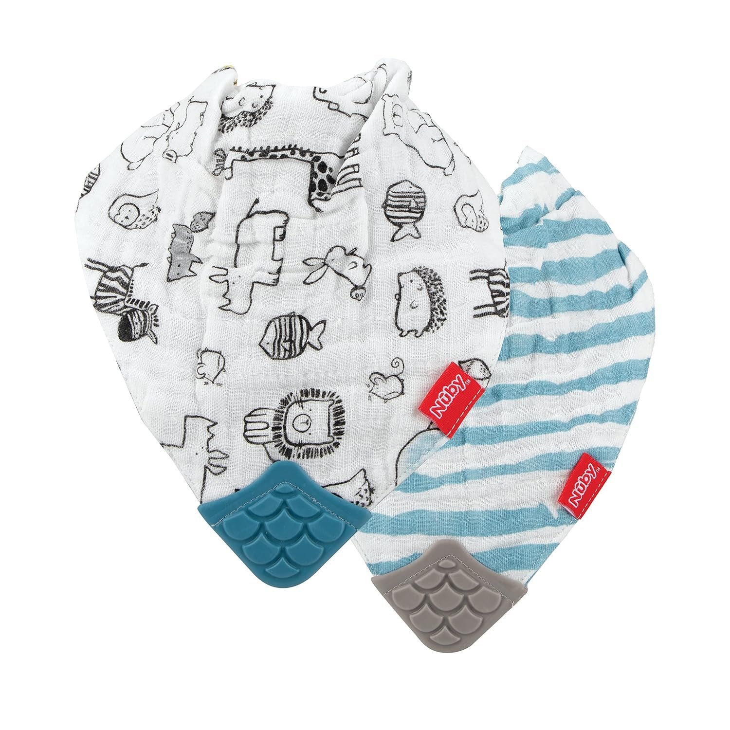 Nuby 100% Natural Cotton Muslin Bib – Bib with Teething Corner (2-Pack) 3+ Months – Zoo