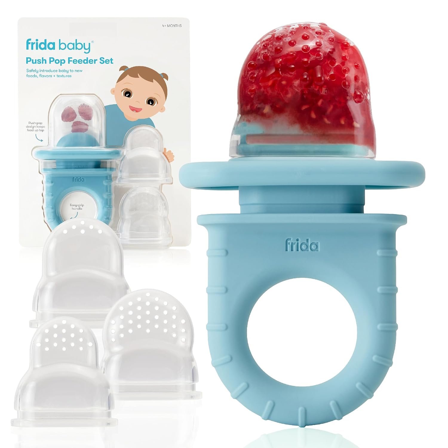 Frida Baby Push Pop Feeder, Baby Fruit Food Feeder to Safely Introduce New Foods, Fresh + Frozen, Silicone, BPA Free, Dishwasher Safe | 3 Count, Blue