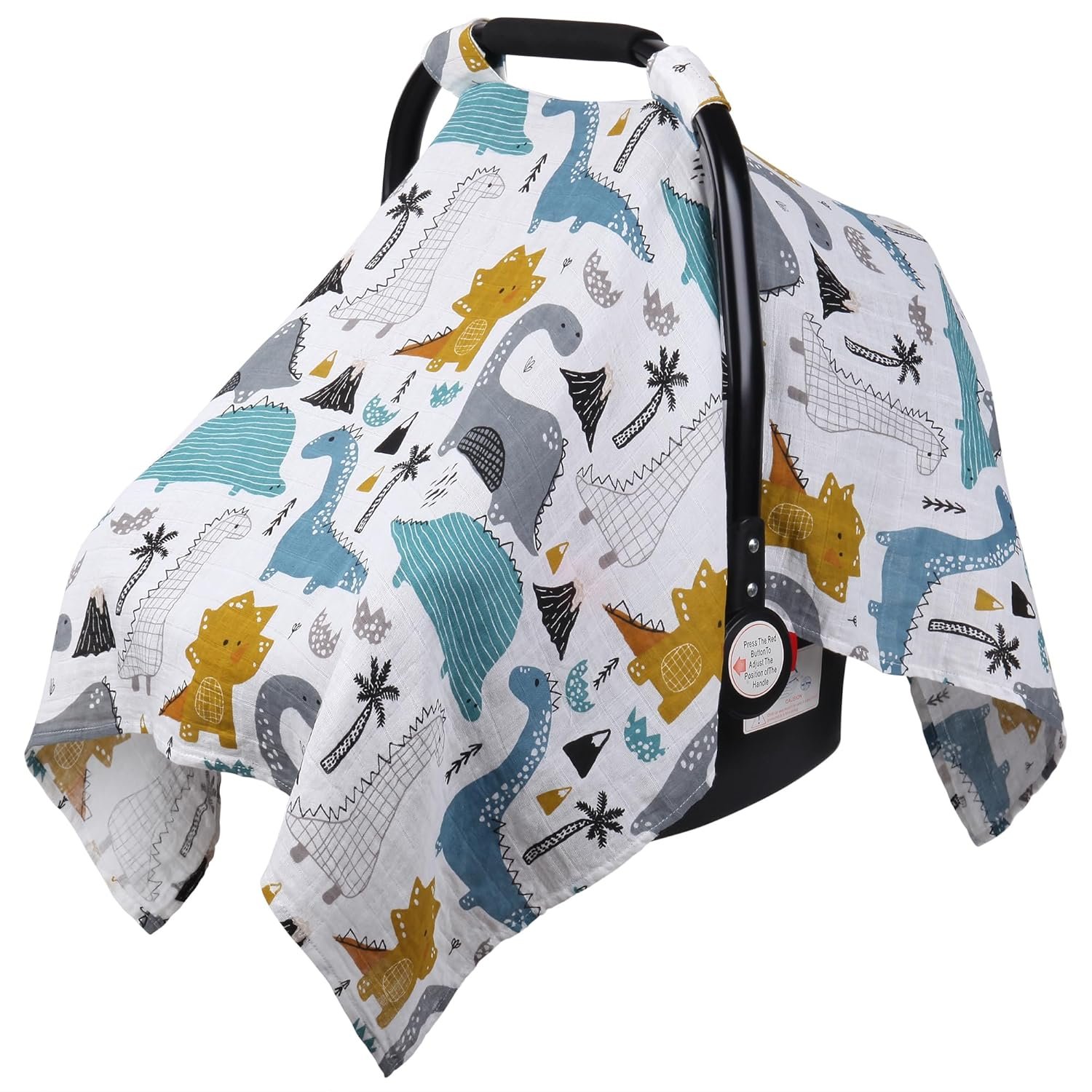 Rquite Baby Boy Car Seat Cover, 100% Muslin Cotton Infant Carseat Canopy, Soft Breathable Stroller Sun Shade & Newborn Shower Gift, Large Size Universal Fit Summer, Hot & Warm Weather (Blue Dinosaur)